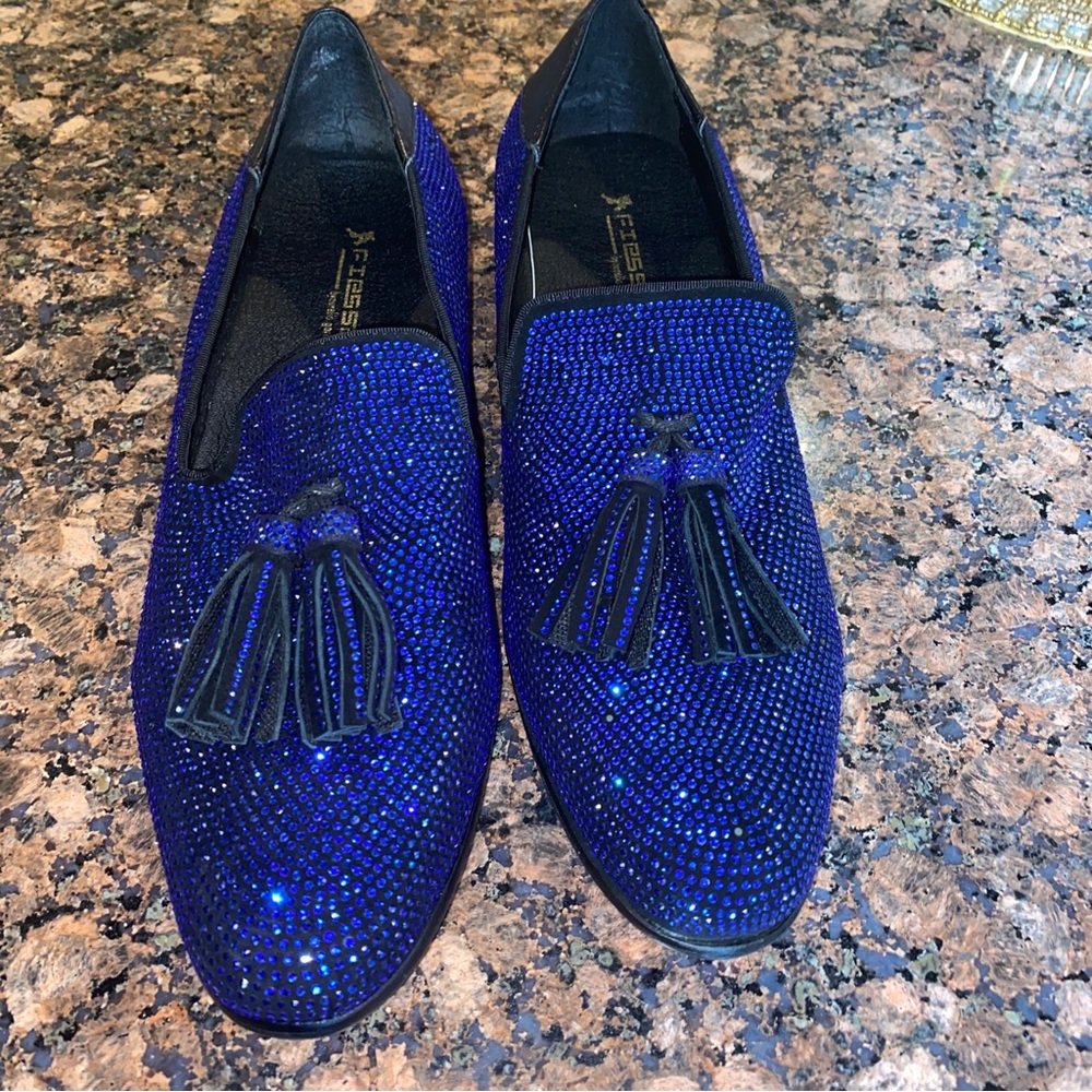 FIESSO MENS ROYAL BLUE RHINESTONES ENCRUSTED LEATHER LOAFERS W/TASSELS